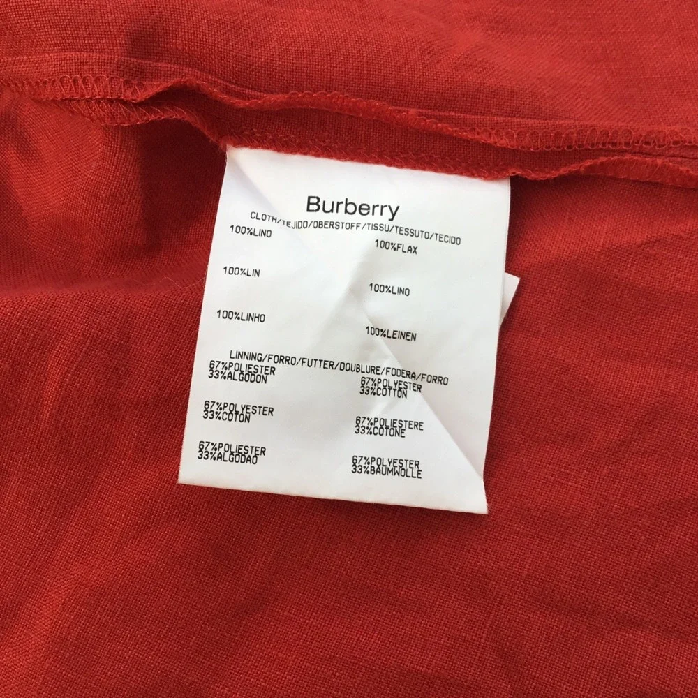 Burberry London Red 100% Linen Short Sleeve Button Down Shirt Nova Check Trim 46